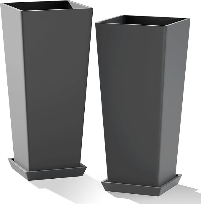 Set of 2 Tall Planters with Drainage Tray, 24 Inch Large Flower Pots by PolarcoForgeco