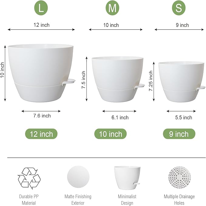 Large Self Watering Pots, 12/10/9 Plastic Planters - Image 3
