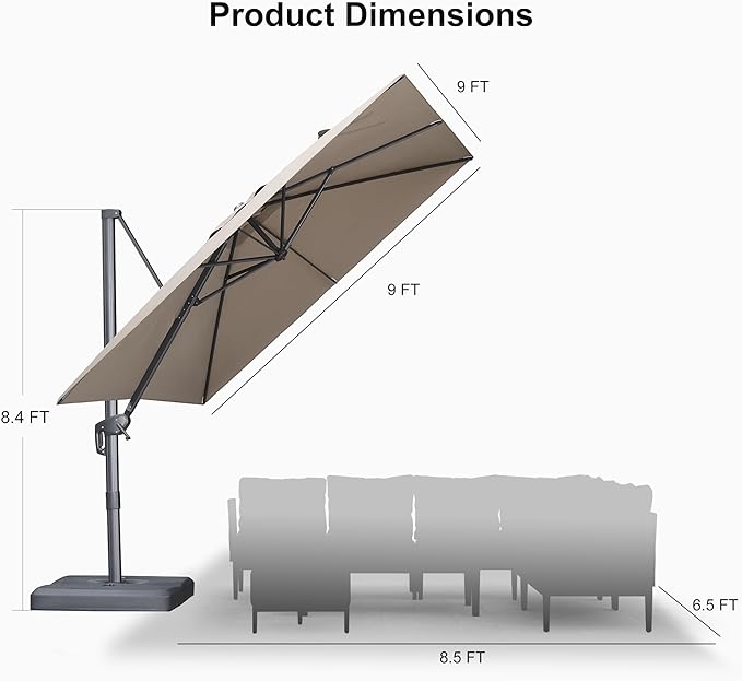 PURPLE LEAF Patio Umbrella 9' X 9' Rectangle Cantilever Umbrella Large Aluminum - Image 9