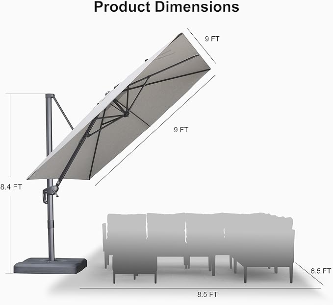 PURPLE LEAF Patio Umbrella 9' X 9' Rectangle Cantilever Umbrella Large Aluminum - Image 9