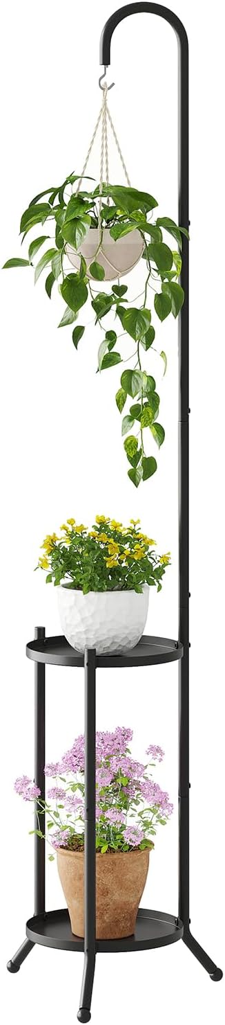 2-Tier Metal Plant Stand with Hanging Hook, Indoor Outdoor Plant Shelf by Unknown