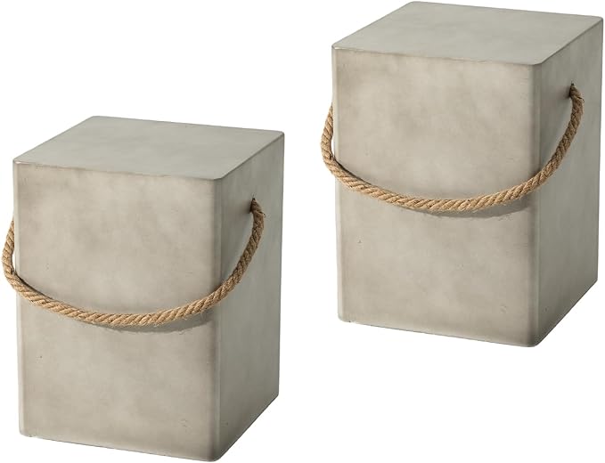 COSIEST Set of 2 Concrete Side Table, Rectangular Outdoor Side Table w Hemp by COSIEST