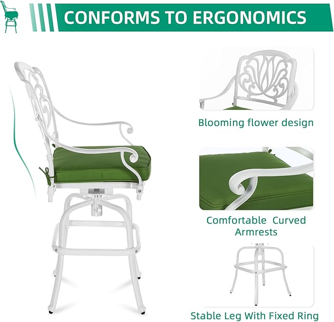 VIVIJASON 3-Piece Patio Swivel Bar Stools Set, All Weather Cast Aluminum - Image 4