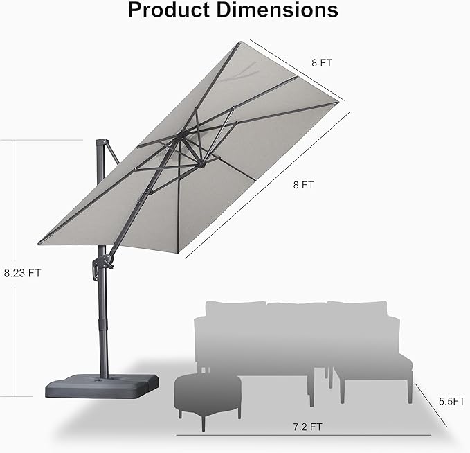 PURPLE LEAF Patio Umbrella 8' X 8' Rectangle Cantilever Umbrella Large Aluminum - Image 9