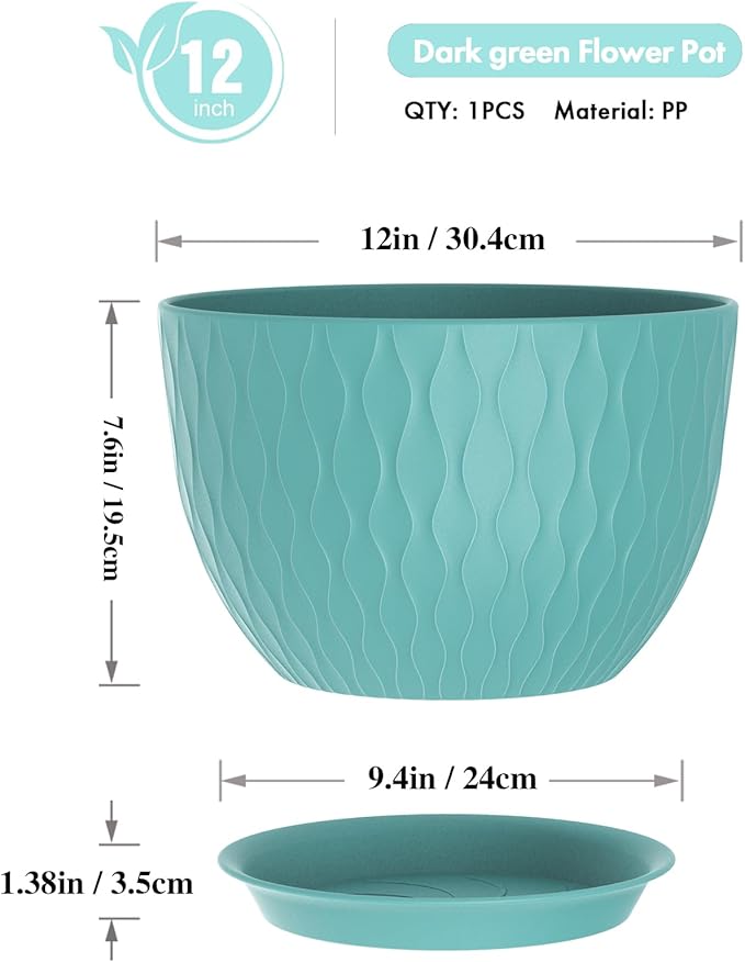 12 Inch Large Plant Pots for Indoor or Outdoor Plants, Wide Water Ripples - Image 2