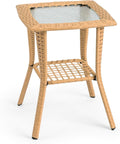 VINGLI Outdoor Side Table with Storage Wicker Patio Side Table, Tempered Glass by VINGLI