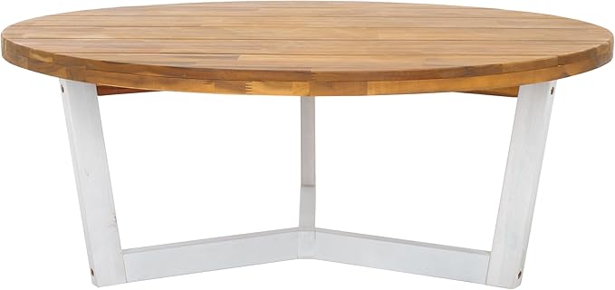 SAFAVIEH Outdoor Collection Leo Natural/White 3-Leg Round Coffee Table - Image 4