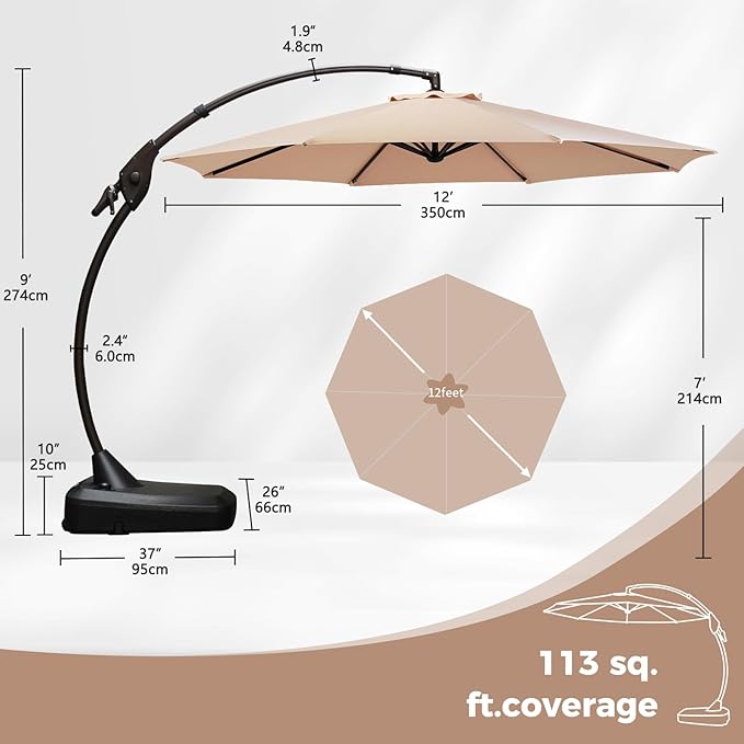 Grand patio 12FT Offset Umbrella Outdoor Round Aluminum Cantilever Umbrella - Image 3