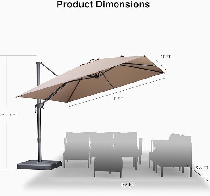 PURPLE LEAF Patio Umbrella 10' X 10' Rectangle Cantilever Umbrella Large - Image 9