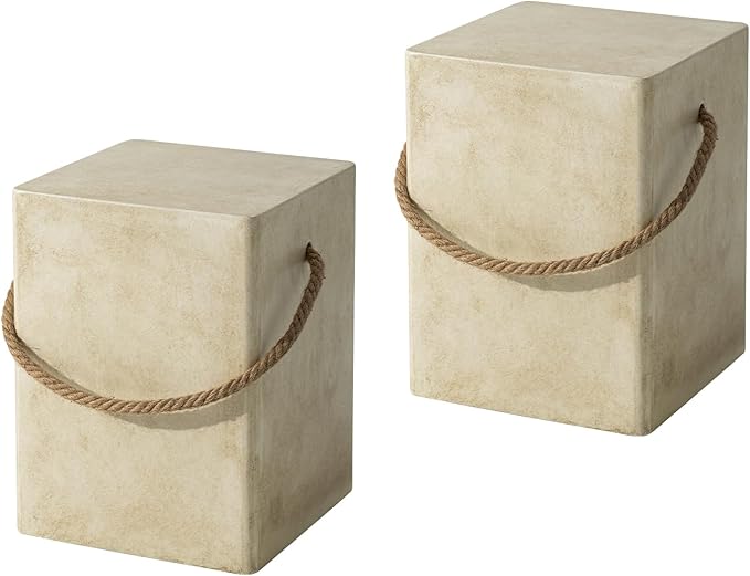 COSIEST Set of 2 Concrete Side Table, Rectangular Outdoor Side Table w Hemp by COSIEST