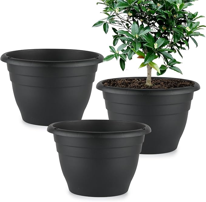 3 Pack 11 Inch Plant Pots, Plastic Flower Pots by RooTrimmer