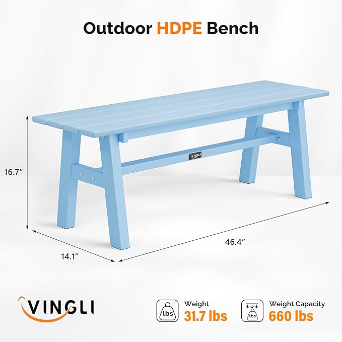 VINGLI 47” Outdoor HDPE Bench, Weatherproof Garden Bench w/Metal Legs, Poly - Image 3