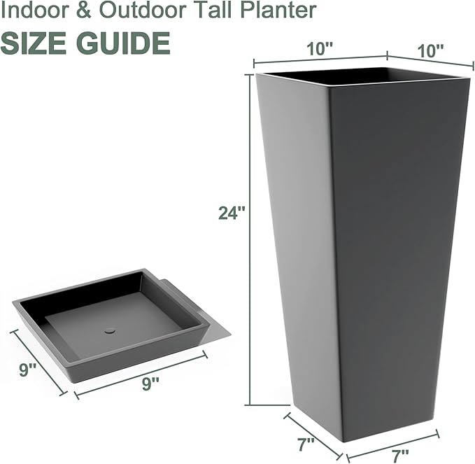 Set of 2 Tall Planters with Drainage Tray, 24 Inch Large Flower Pots - Image 2