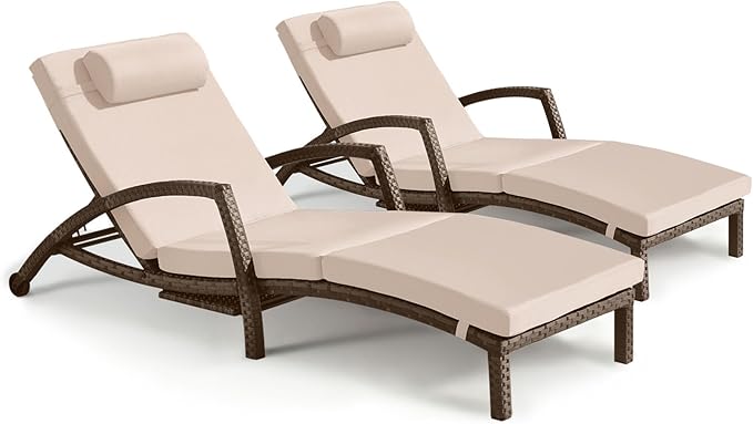 Chaise Lounge Chairs Outdoor Set of 2, Comfy Outside Wicker Patio Pool Lounge by ZZWHOM