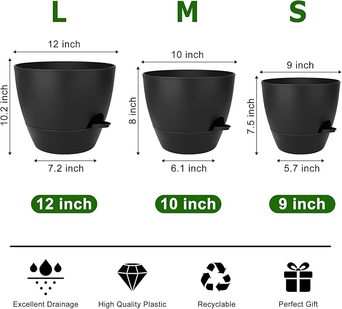 Plant Pots 12/10/9 Inch Self Watering Pots, Plastic Flower Pots, Nursery - Image 3