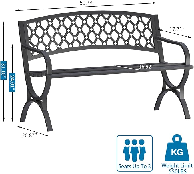 On Shine 50'' Patio Garden Bench, Loveseats Patio Park Bench, Metal Bench - Image 3