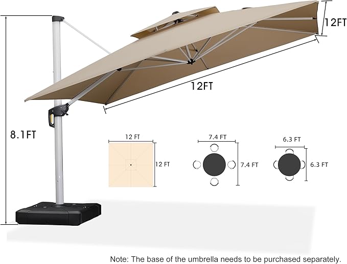 PURPLE LEAF 12 Feet Double Top Deluxe Square Patio Umbrella Offset Hanging - Image 8
