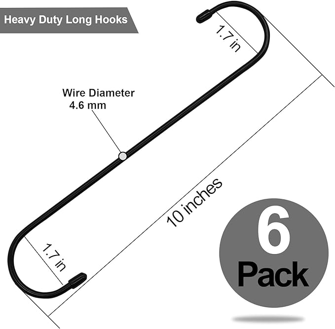 6 Pack 10 inch Extra Large S Hooks Black Heavy Duty Long S Hooks - Image 2
