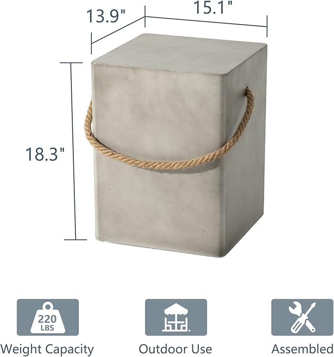 COSIEST Set of 2 Concrete Side Table, Rectangular Outdoor Side Table w Hemp - Image 3