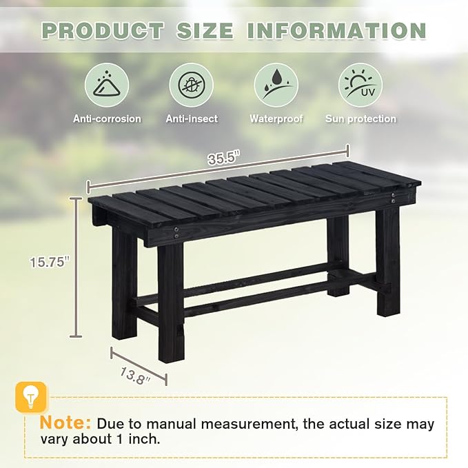 Outdoor Garden Bench, 2-Person Wood Patio Bench Weatherproof Outdoor Backless - Image 2
