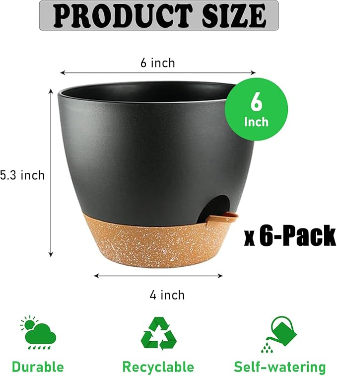 6-Pack Plant Pots with Drainage 6 Inch, Self Watering Pots - Image 2