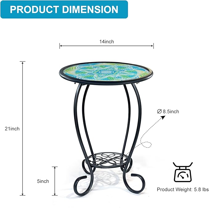 LIFFY Mosaic Outdoor Side Table, Mosaic Plant Stand, End Table W/Storage Shelf - Image 3