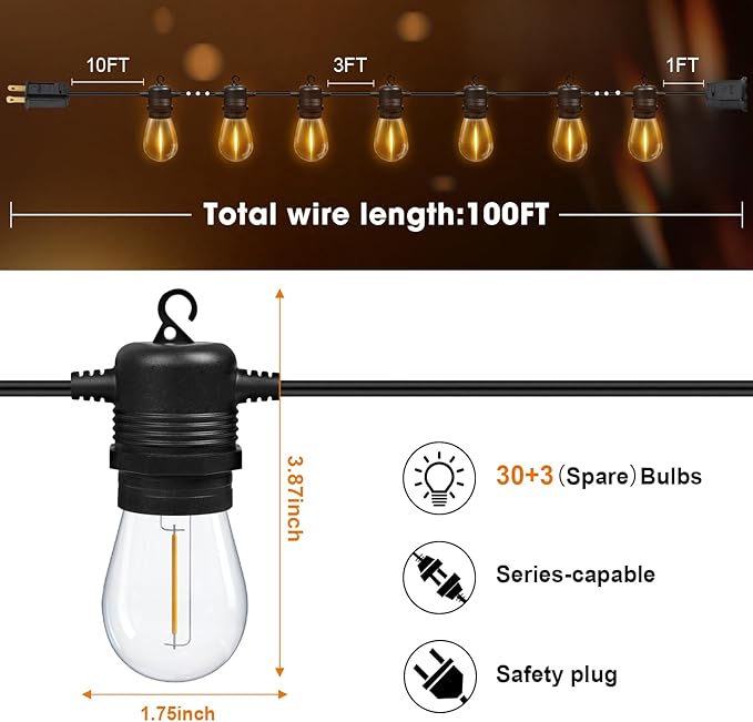 100FT LED Outdoor String Lights, Commercial Grade Patio Lights - Image 6