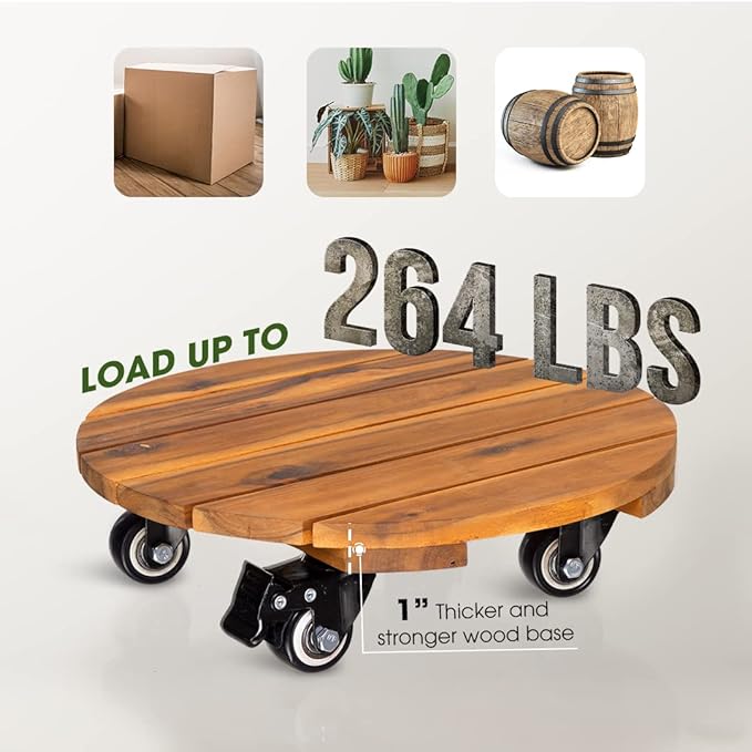 Idzo 2-Pack 14 Inch Acacia Wood Rolling Round Plant Caddy, Plant Caster - Image 5