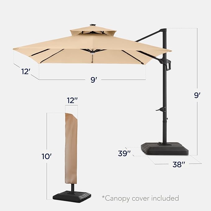 Best Choice Products 9x12ft LED Cantilever Patio Umbrella w/Base Included & - Image 2