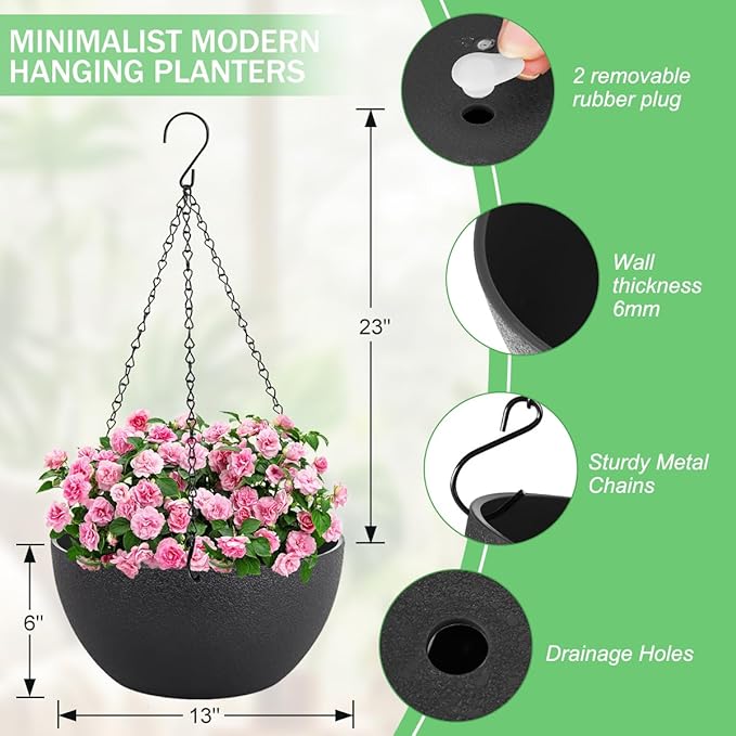 13 inch Hanging Planters for Indoor Plants, 2 Pack Planters for Outdoor Plants - Image 3