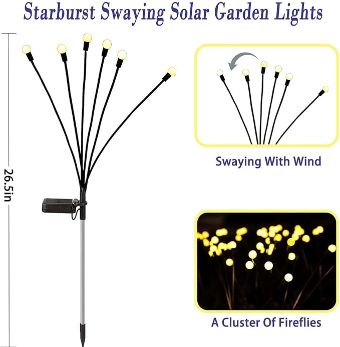 Solar Garden Lights Outdoor, 10 Pack 60 LED Solar Firefly Lights, Swaying - Image 3