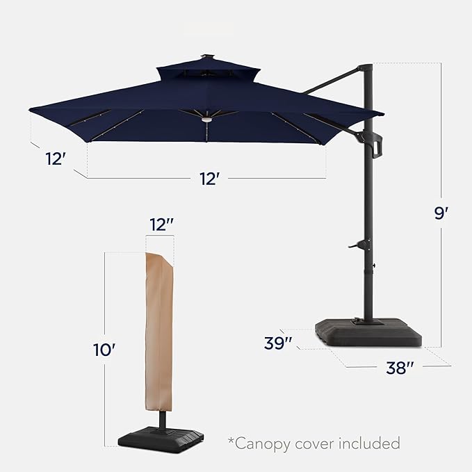 Best Choice Products 12x12ft LED Cantilever Patio Umbrella w/Base Included & - Image 2