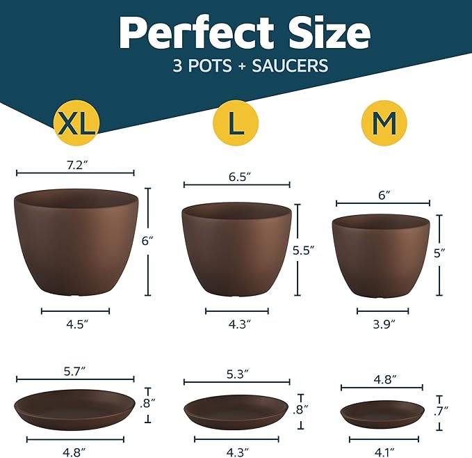 Brown Plant Pots with Drainage Holes & Saucers 3 Pack, Indoor & Outdoor - Image 2