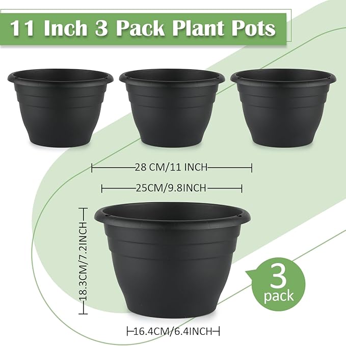3 Pack 11 Inch Plant Pots, Plastic Flower Pots - Image 5