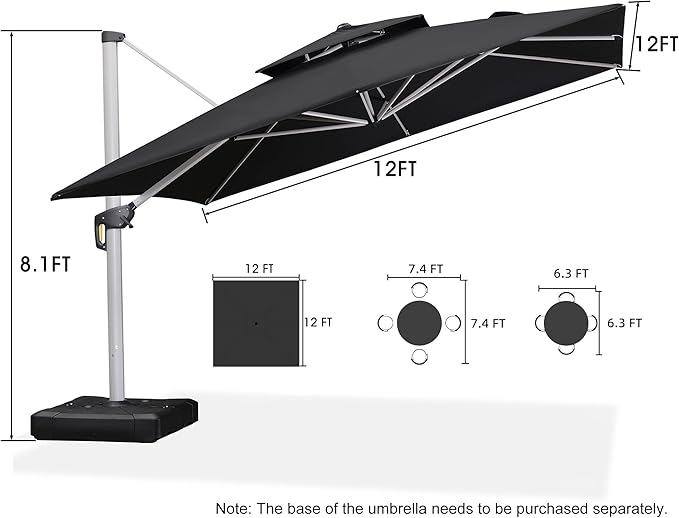 PURPLE LEAF 12 Feet Double Top Deluxe Square Patio Umbrella Offset Hanging - Image 8