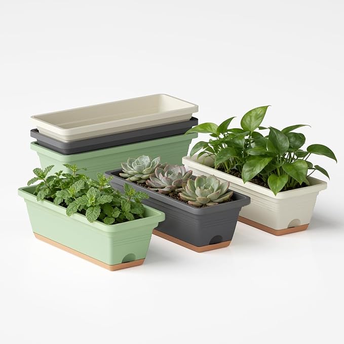 Window Box Planter, 6 Pack Plastic Vegetable Flower Window Planters Boxes 16 by LesOasis