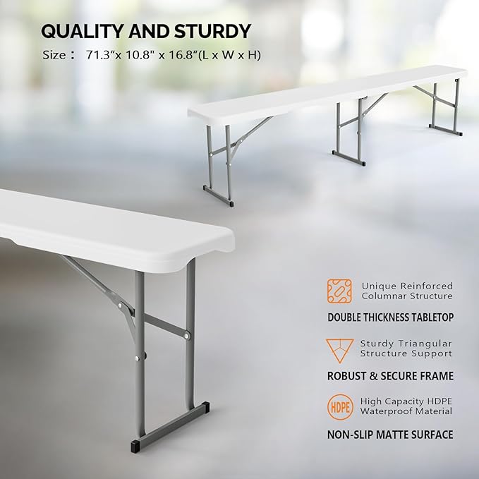 VINGLI 6 feet Plastic Folding Bench, Portable in/Outdoor Picnic Party Camping - Image 3