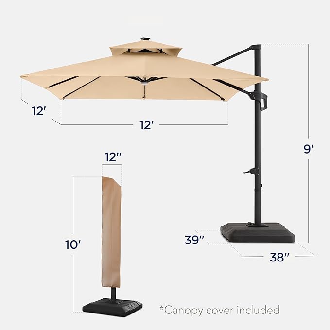 Best Choice Products 12x12ft LED Cantilever Patio Umbrella w/Base Included & - Image 2