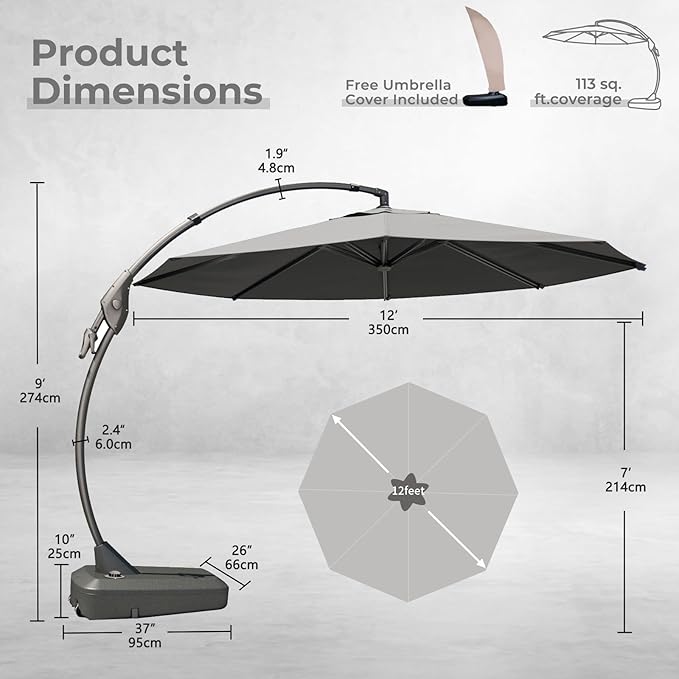 Grand patio 12FT Outdoor Offset Umbrella Large Round Aluminum Cantilever - Image 3