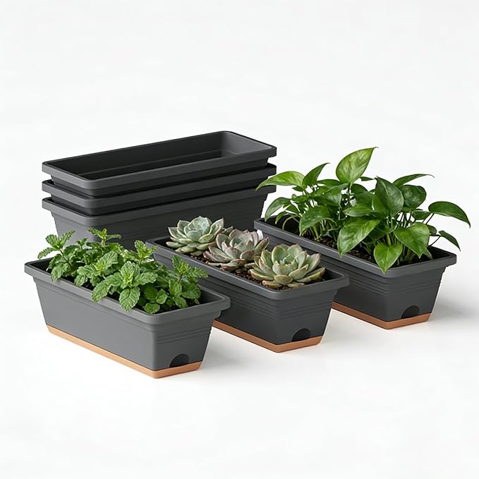 Window Box Planter, 6 Pack Plastic Vegetable Flower Window Planters Boxes 16 by LesOasis