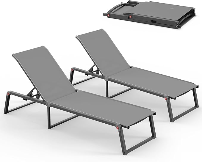 Aluminum Chaise Lounge Chair Outdoor Set of 2, Foldable & No Assembly Pool by Oasbira