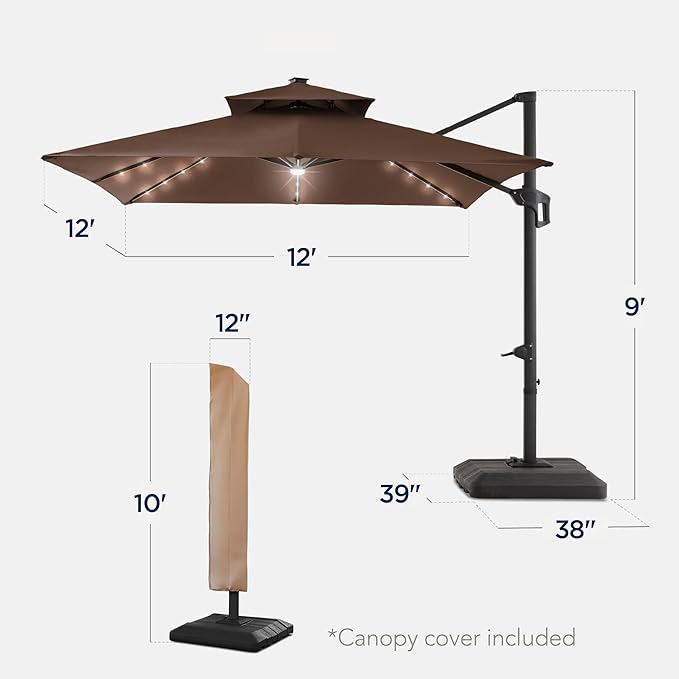 Best Choice Products 12x12ft LED Cantilever Patio Umbrella w/Base Included & - Image 2