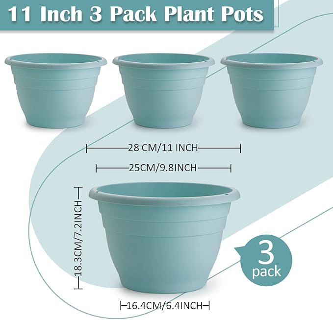 3 Pack 11 Inch Plant Pots with Drainage Hole and Plug, Durable Plastic Flower - Image 4