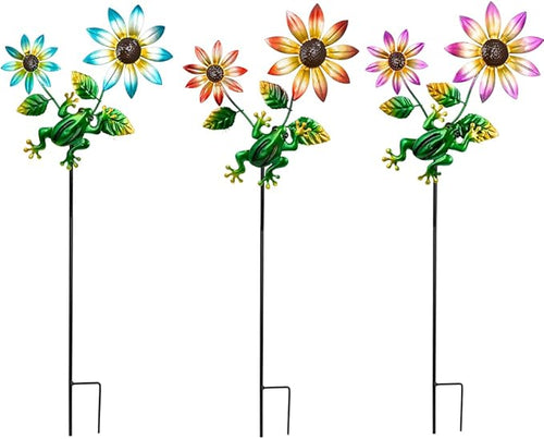 3 Pack Frog＆Flowers Garden Stakes Decor, Metal Yard Art Decorative Garden Stakes by SATHGA
