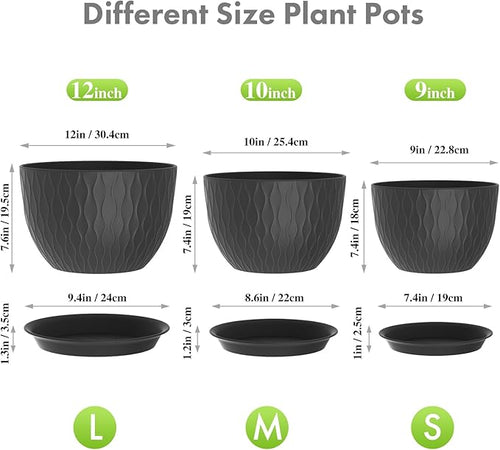 12/10/9 inch Large Plant Pots, 3 Pack Wide Flower Pots - Image 2