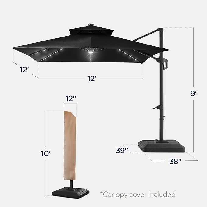 Best Choice Products 12x12ft LED Cantilever Patio Umbrella w/Base Included & - Image 2