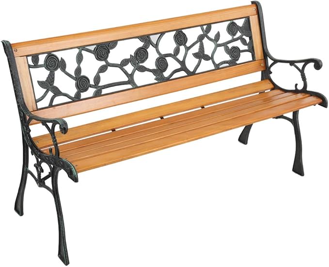 VINGLI Outdoor Bench Metal Garden Bench, Wood Patio Benches w/PVC Backrest Cast by VINGLI