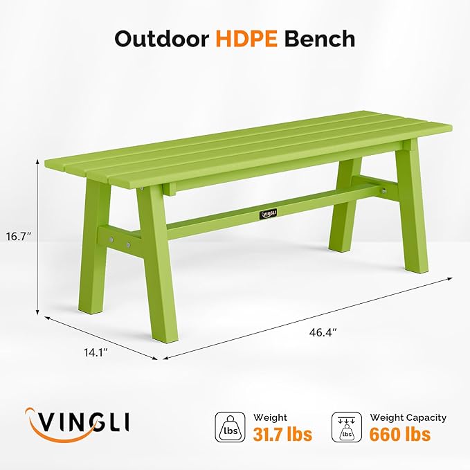 VINGLI 47” Outdoor Bench Garden Bench HDPE Porch Bench w/Metal Legs, Poly - Image 3