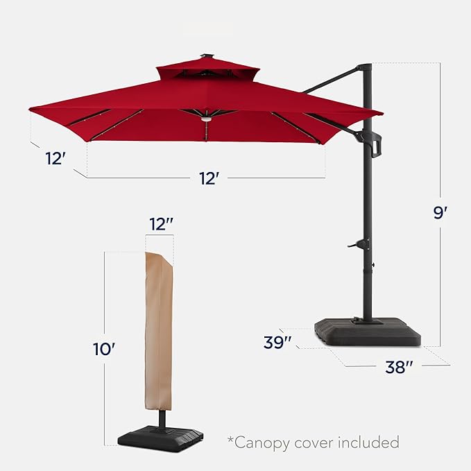 Best Choice Products 12x12ft LED Cantilever Patio Umbrella w/Base Included & - Image 2