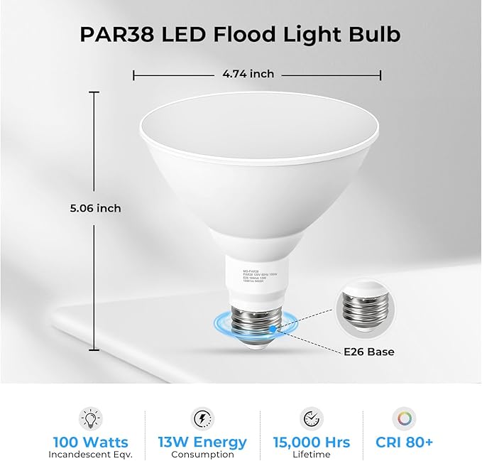 10 Pack PAR38 LED Outdoor Flood Light Bulbs, 100W Equivalent, 5000K Daylight - Image 2